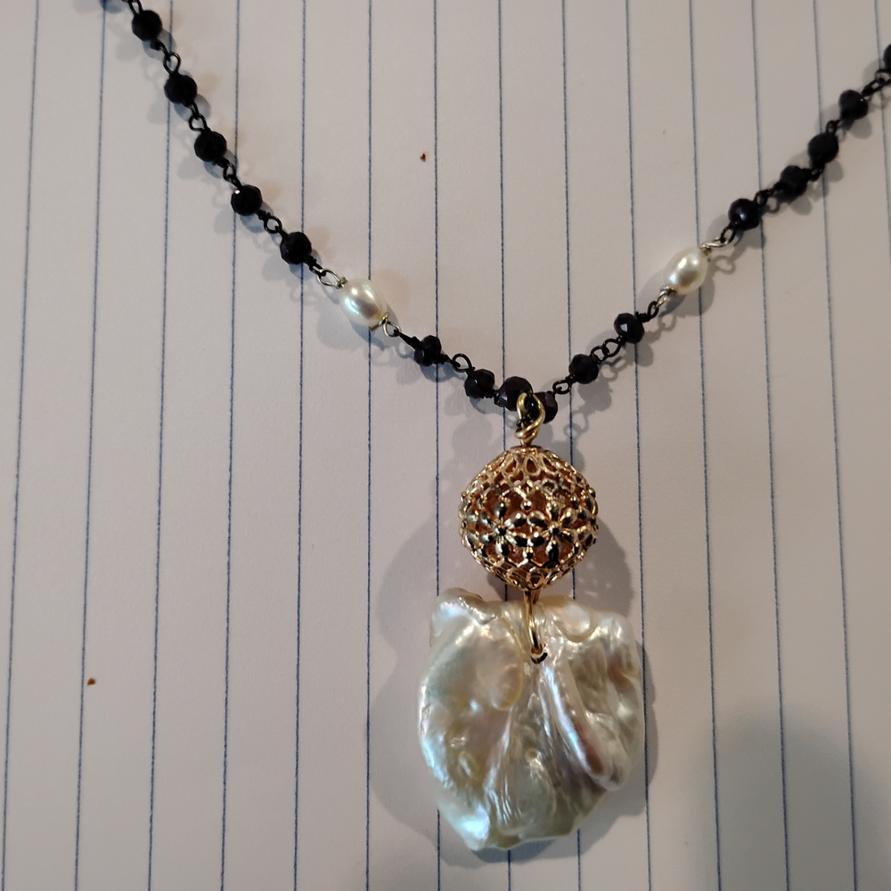 Gold and Black With Saltwater Pearl Charm Necklace